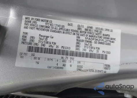 2015 Ford Focus Se from USA, damaged, VIN 1FADP3K21FL277640